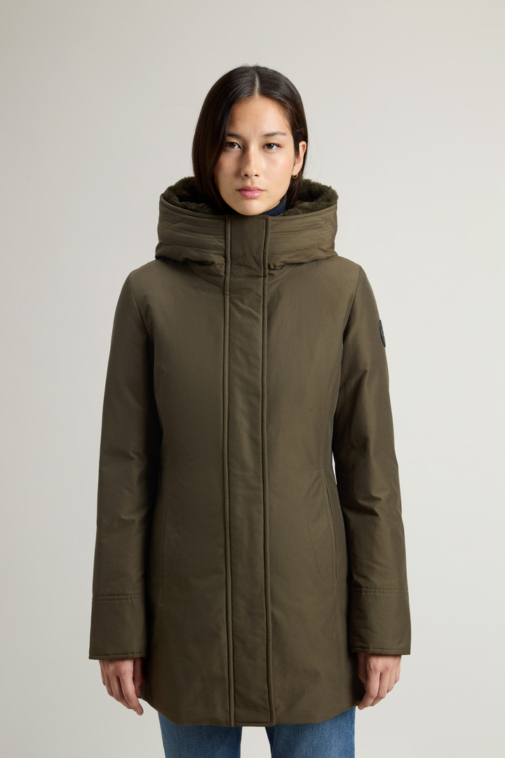 Boulder Parka in Ramar Cloth with Hood and Detachable Faux Fur Trim Green photo 1 | Woolrich