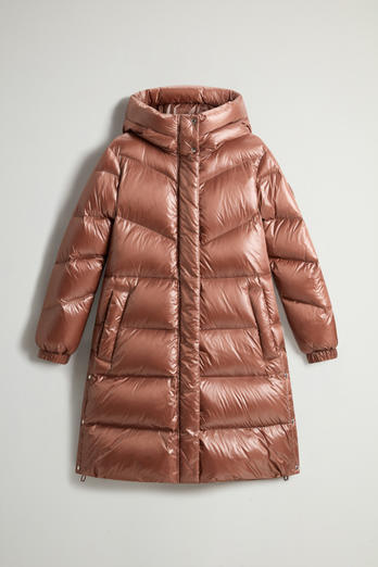 Aliquippa Long Down Jacket in Glossy Nylon Brown photo 1 | Woolrich