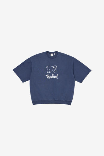 Pure Cotton Short-Sleeved Sweatshirt with Printed Logo on the Chest and Back Blue | Woolrich